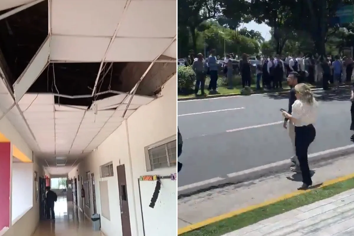 Imagem colorida mostra prédio danificado durante terremoto e pessoas na rua - Metrópoles